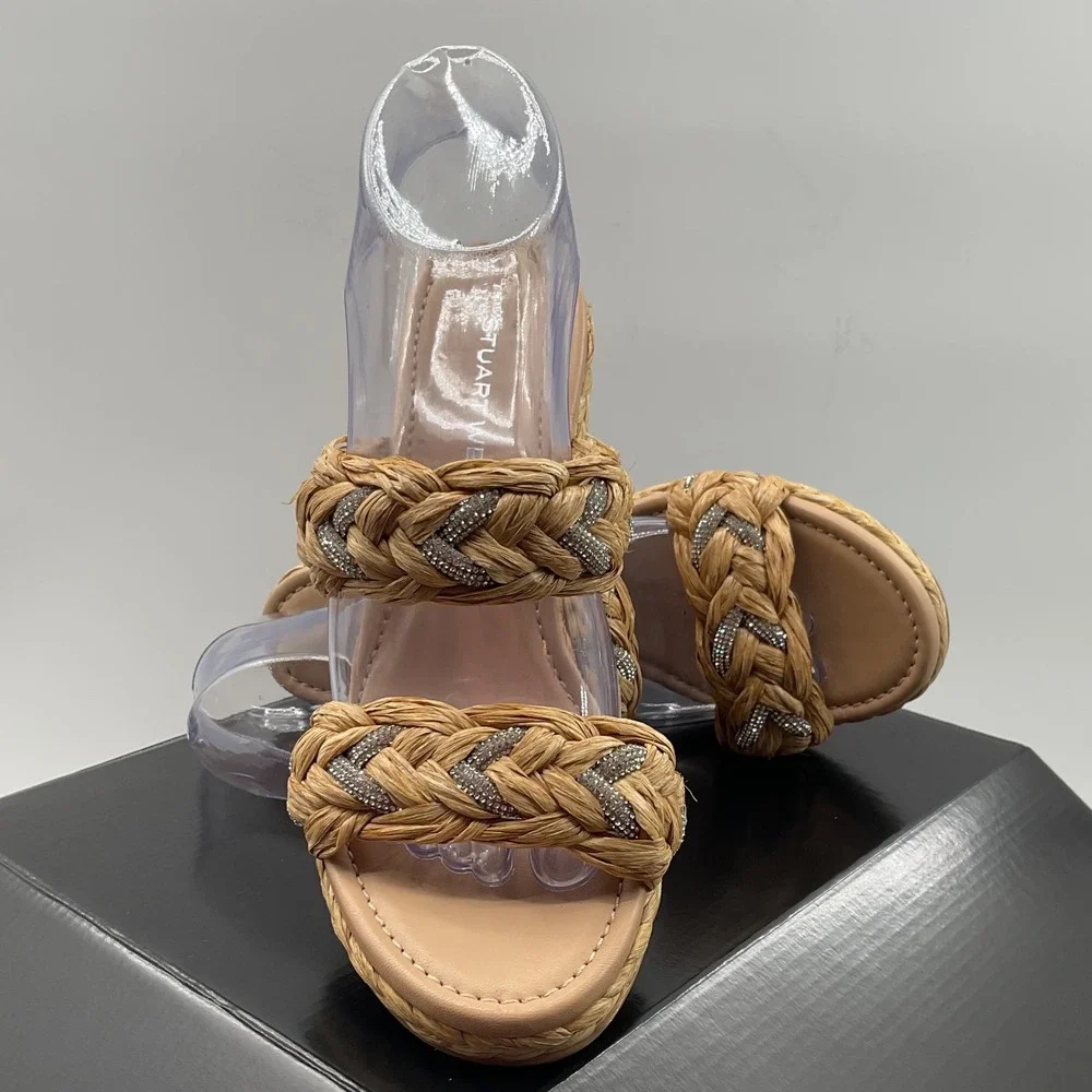 Stuart Weitzman Braided Raffia Crystal Wedge Sandals Natural Tan Women Size 8